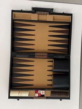 Retro Neiman Marcus Backgammon Travel Set in Black and Tan.